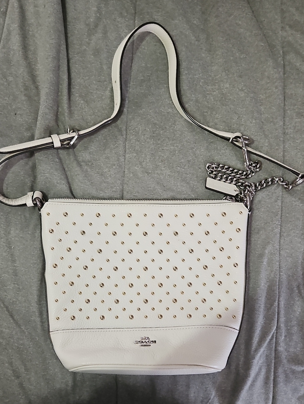 Coach White Studded Shoulder Bag with Silver Hardware (F76671)